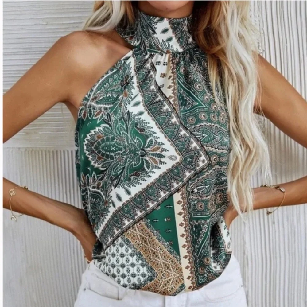 Boho Paisley Floral Print Satin Halter Tank Top_12